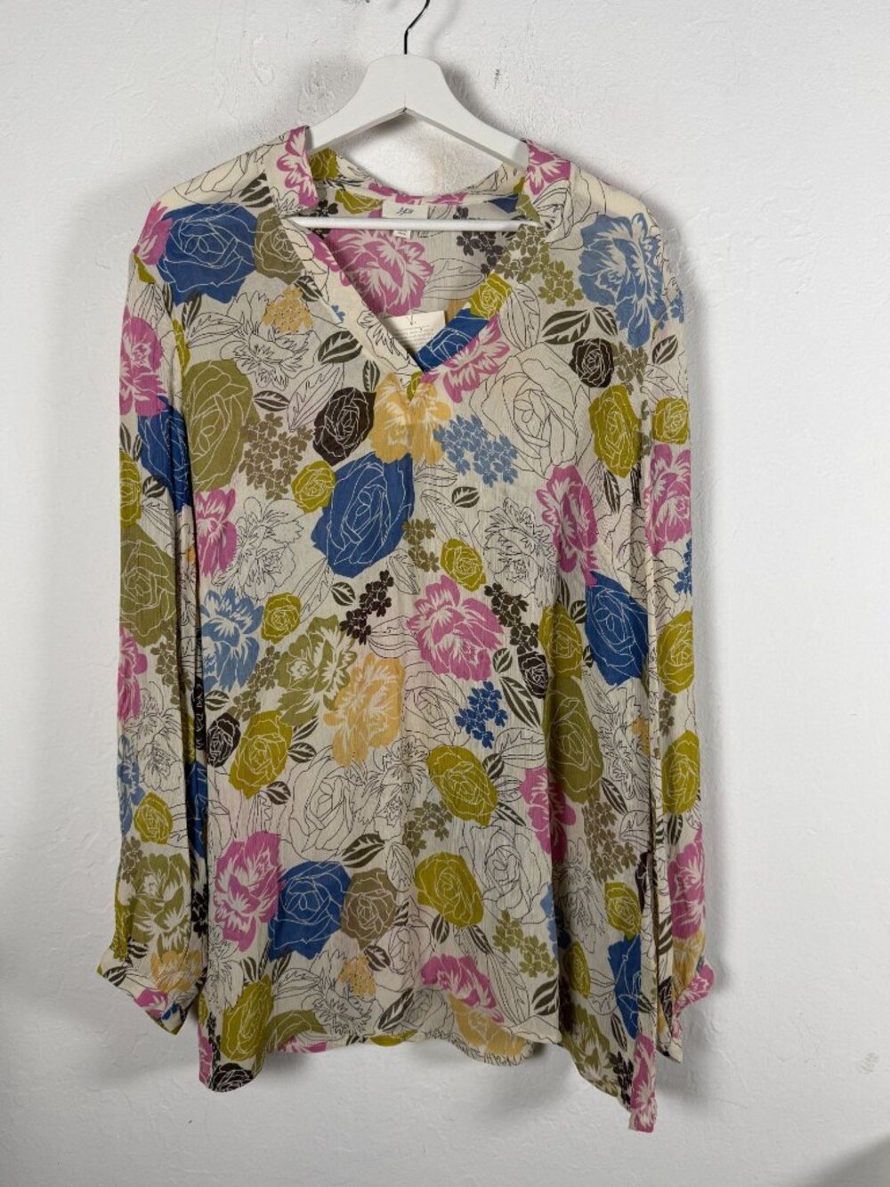J .Jill Floral Blouse Shirt Crinkle Knit Boho Art To Wear Lagenlook Large New